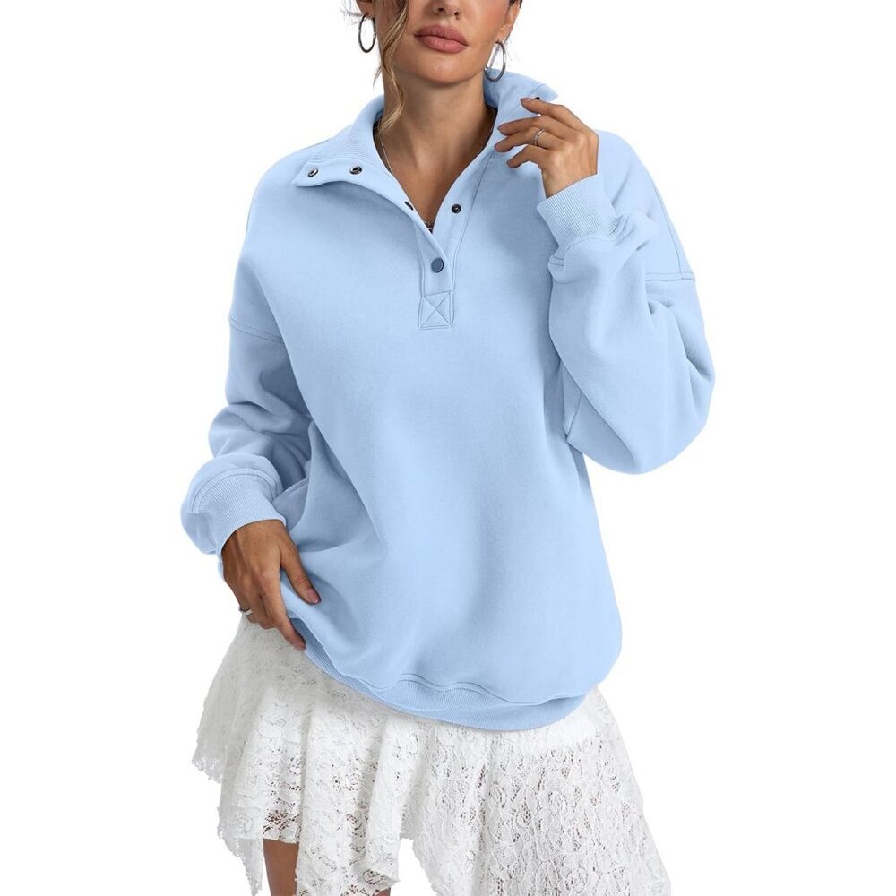 Women's Light Blue Sweatshirts Trendy Tops Fleece Henley Neck Long Sleeve Button